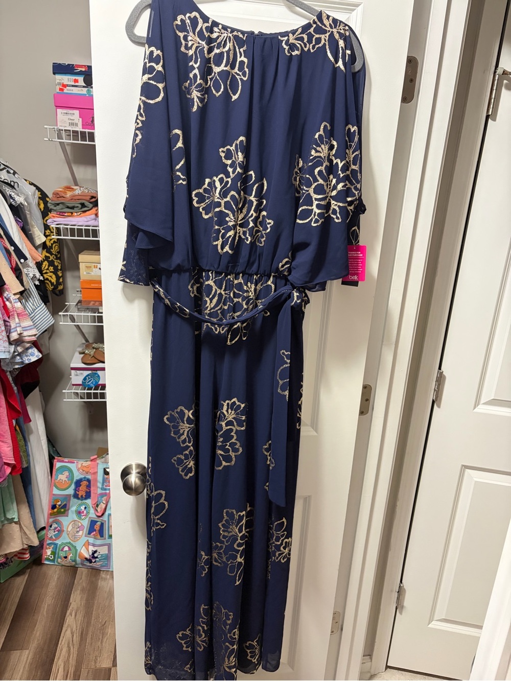 MSK Navy Jumpsuit with Gold Floral Print